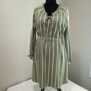 SUGARHIGH GREEN | PINK STRIPED DRESS WITH CINCHED WAIST & NECKTIE WOMEN M